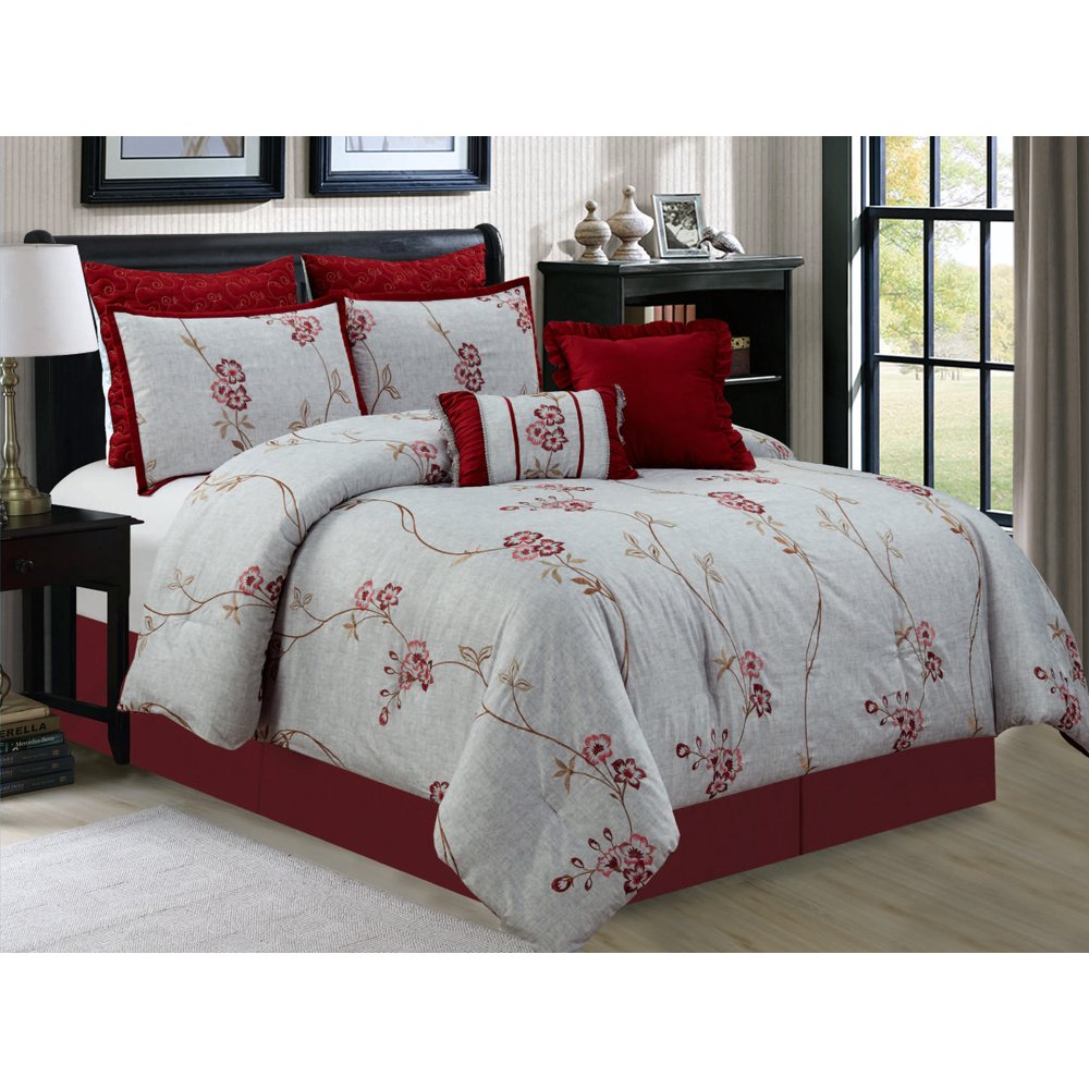7Pc Vine Floral Blossom Embroidery Comforter Set Burgundy Red Antique
