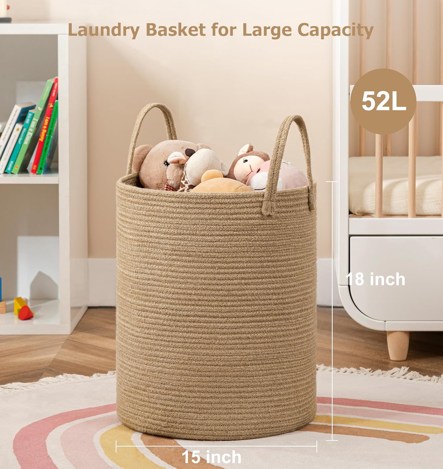 TT-Laundry Basket, 52L Woven Laundry Hamper, Baby Nursery Hamper for Toys, Blanket Basket for Living Room, Clothes Hamper for Bedroom&Baby Room, Jute