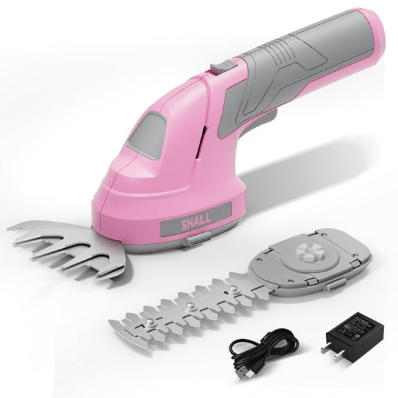 SHALL Hedge Trimmer Cordless & 7.2V Electric Grass Shear, 2 in 1 Handheld Hedge Clippers w/ 2.0Ah Rechargeable Battery & Type-C Fast Charger - Pink