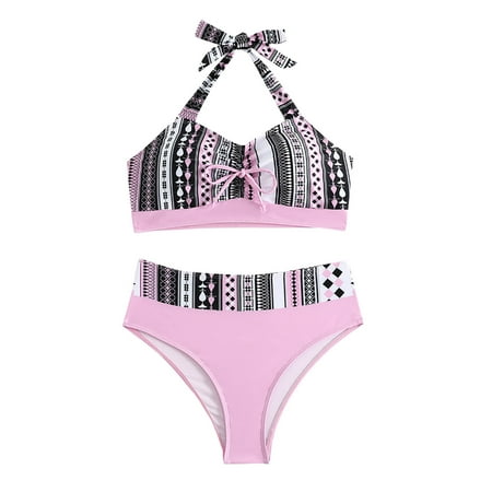 ZQGJB Womens High Waisted Swimsuits with Boy Shorts Summer Tropical Printed Brazilian Triangle Top Stripes Halter Bikini Two Piece Bathing Suits(Pink#02 L)