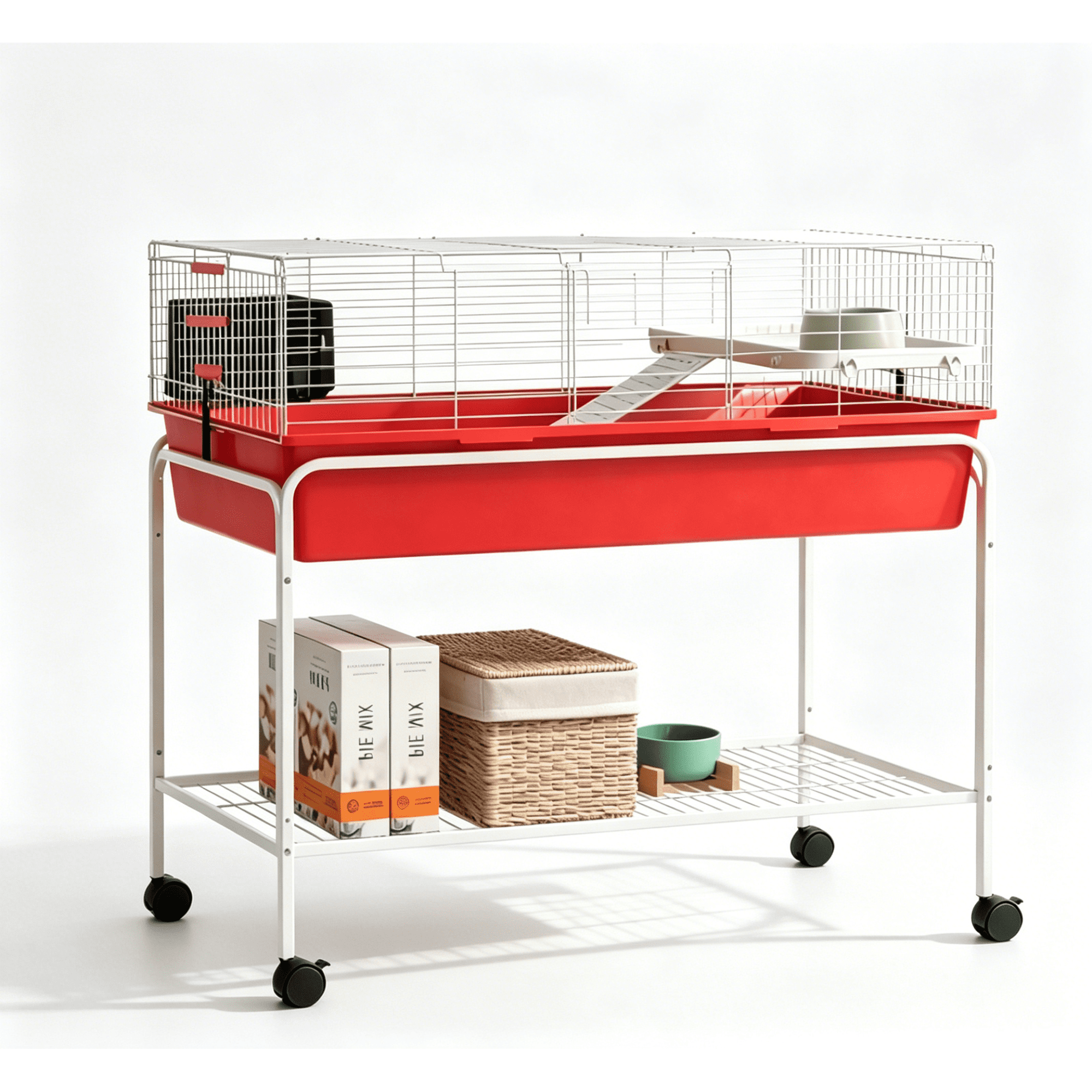JERFIT Small Animal Cage 2-Tier with Stand, Removable Pet Habitat for Guinea Pigs, Ferrets, Chinchillas with Ramp, Platform, Feeder, Wheels, Red & White
