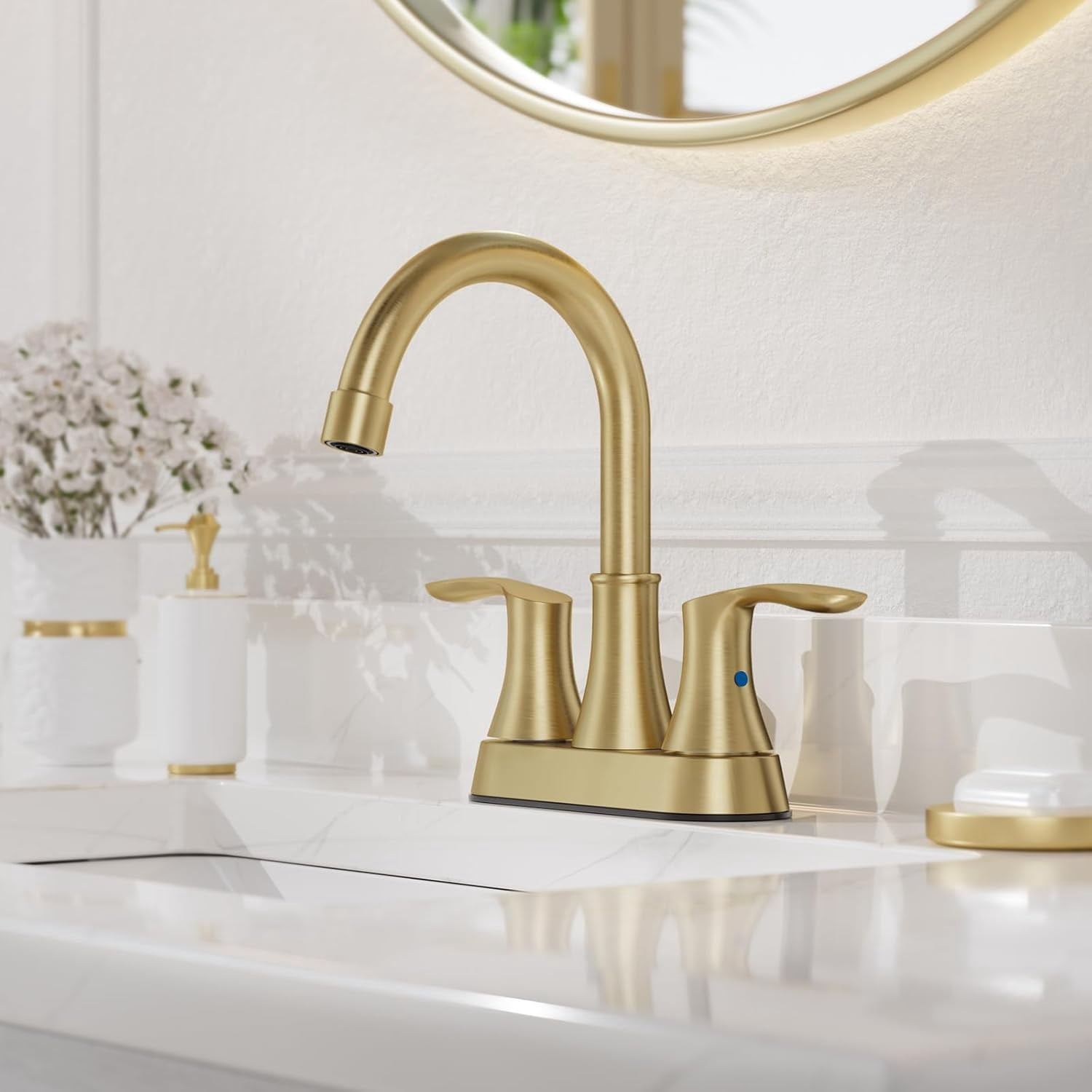 Brushed Gold Bathroom Faucet - 4 inch 3 Hole 2-Handle Centerset Vanity Mixer Taps With Drain, 360°Swivel,High Arc Design