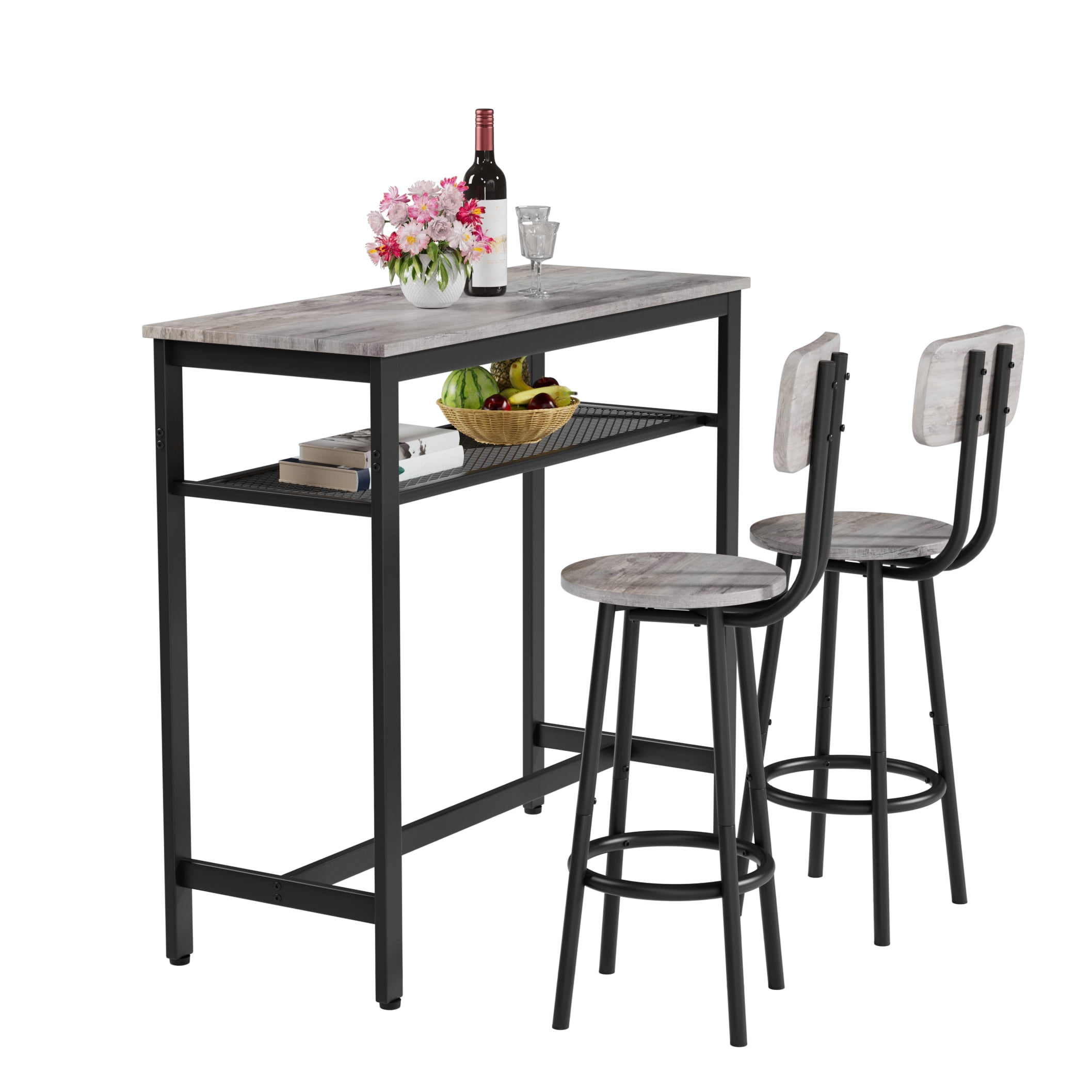 3-Piece Bar Table Set,Bistro Kitchen Table Sets with Metal Frame & Storage Rack,Modern Counter Height Table with 2 Stools for Kitchen, Dining Room, Living Room,