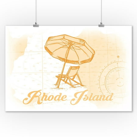 Rhode Island - Beach Chair & Umbrella - Yellow - Coastal Icon - Lantern Press Artwork (9x12 Art Print, Wall Decor Travel