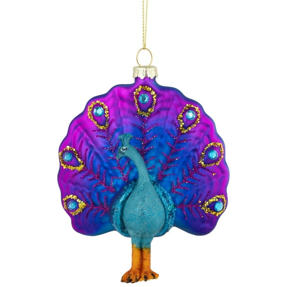 Northlight Standing Glittered Peacock Glass Christmas Ornament - 4.75" - Purple and Blue
