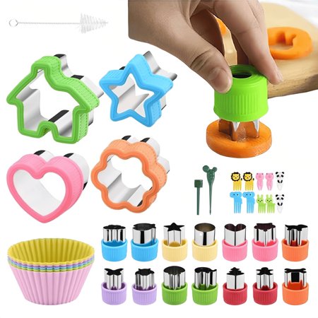 Sandwich Cutter for Kids 36 Pcs Sandwich Cutter and Sealer Set with Cartoon Fruit Forks and Cake Cups Lunch Cutters for Boys and Girls 6-12