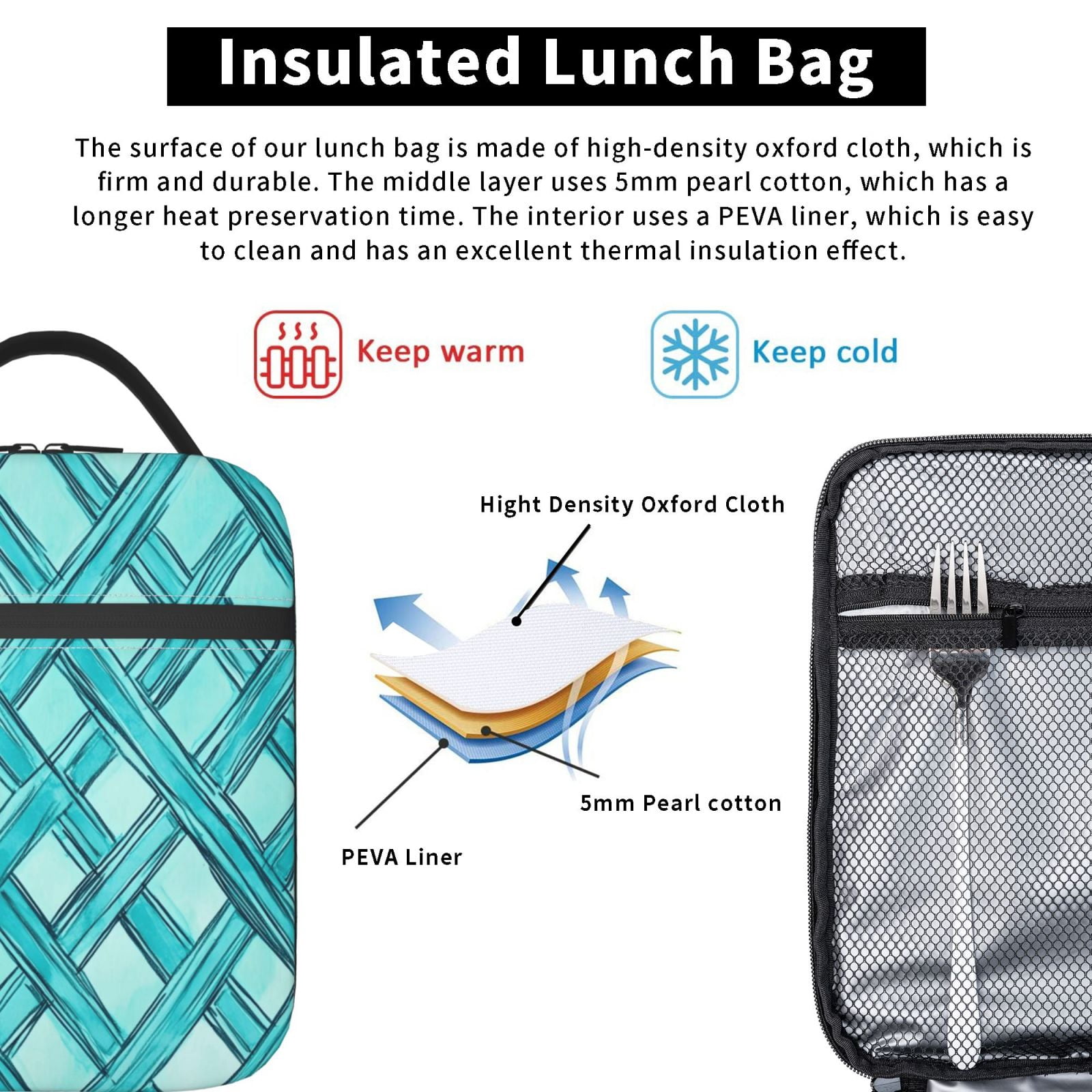 Lunch Bag For Women Men Insulated Portable Lunch Box Bento Box Office Picnic Travel Cooler Bag Turquoise Moroccan Trellis Hand-Drawn Sketch_62922_2