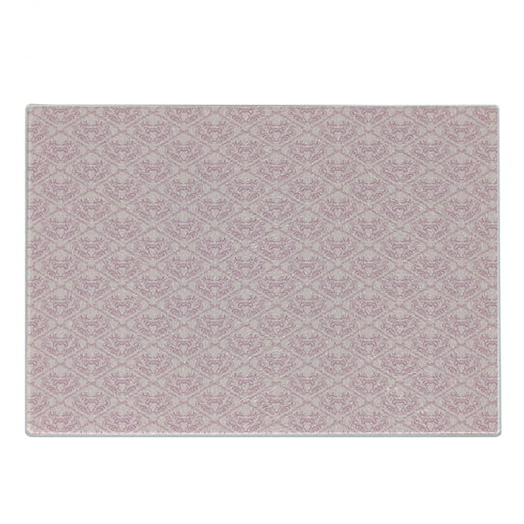 Pink Damask Cutting Board, Thin Delicate Look Floral Abstract Continuous Royal Flowers Illustration, Decorative Tempered Glass Cutting and Serving Board, in 3 Sizes, by Ambesonne