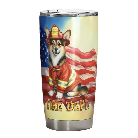 Firefighter Corgi Hero Rescue Fire Dept Fireman USA Flag 20oz Stainless Steel Tumbler Insulated Cup with Lid Welsh Corgi Dog Lover Gifts Idea - 02026