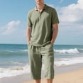thumbnail image 6 of RYDCOT Mens 2 Pieces Cotton Linen Set Lapel Short Sleeve Shirts Casual Yoga Capri Pants Summer Beach Outfits Army Green, 6 of 9