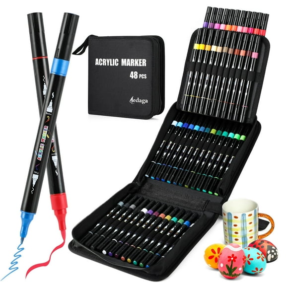 Brled 48 Colors Acrylic Paint Markers, Dual Tip Acrylic Paint Pens with Brush Tip and Fine Tip for for Adults, Kids, Eggs, Wood, Rock, Canvas, Plastic, Stone, Glass, Ceramic