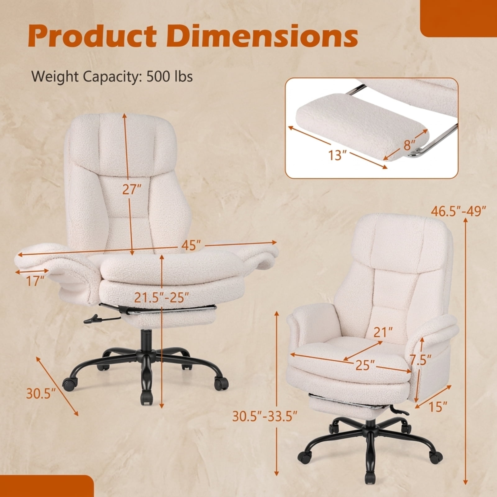 Furnibear Big and Tall Executive Office Chair 500 lbs Ergonomic Cross Legged Computer Chair with Retractable Footrest and Flip Up Arms, White