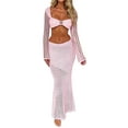 thumbnail image 2 of Biezeib 2 Piece Set Women Y2K Hollow Out Knit Skirt Outfits Long Sleeve Square Neck Crop Tops + Long Skirts Female Sexy Beach 2pcs Sets, 2 of 6