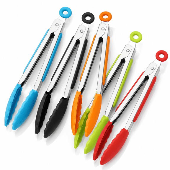 7 Inch Mini Serving Kitchen Tongs with Silicone Tips,Stainless Steel Tongs for Salad,Grilling,Frying and Cooking,5 Pieces