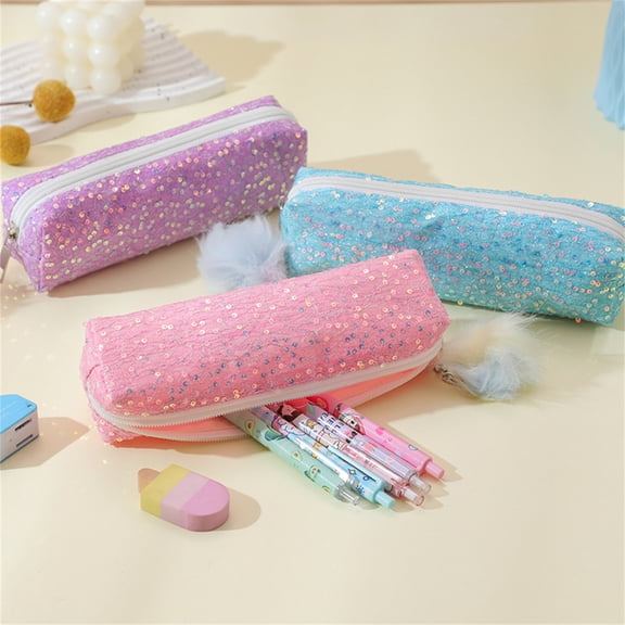 PoyoKee Cute Pencil Case, Large Space Glitter Pencil Pouch with Fuzzy ball Zipper, Style Stationery Storage and Desk Organizer for Classroom, Pink