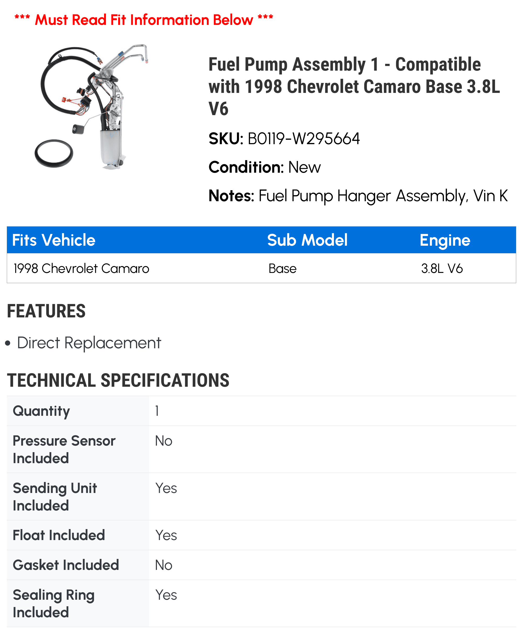 Fuel Pump Assembly 1 - Compatible with 1998 Chevrolet Camaro Base 3.8L V6 - Autopart Premium