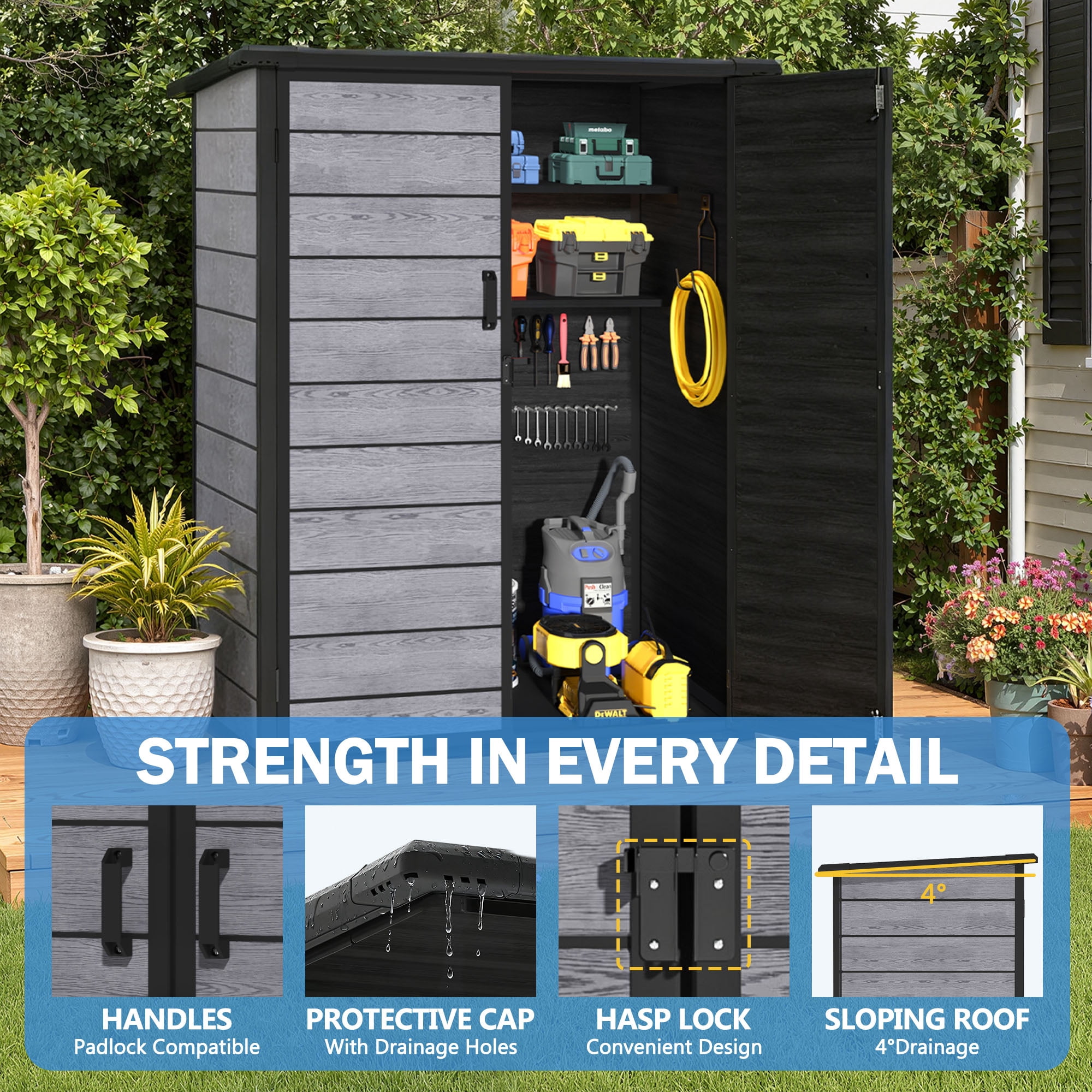 Sheds & Outdoor Storage, 4.6x3FT Outdoor Storage Shed with Floor, Waterproof Patio Plastic Shed Sloped Roof, Lockable Garden Bike Tool Shed Two Door Design, Wood Gray