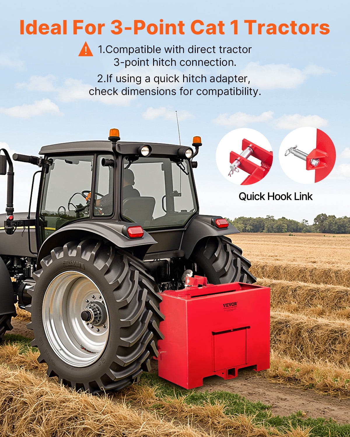 VEVOR Ballast Box, 3-Point Category 1 Tractor Ballast of 800lbs Capacity, for 2 Inch Hitch Receiver, Heavy-Duty Steel 4.3 ft³ Large Volume Loader Attachment with Sliding Door, Red