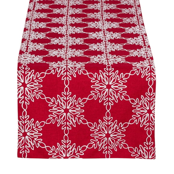 Holiday White Snowflake Design Red Table Runner, 16"x70" Rectangular