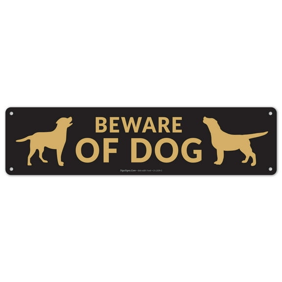 Beware Of Dog Gold And Black Sign, 3x12 Aluminum