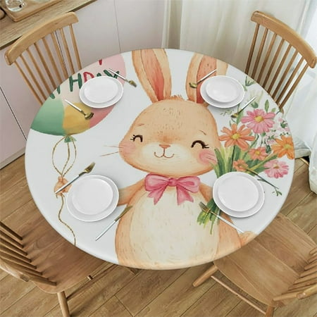 

Autua Happy Rabbit Flowers Balloon Round Tablecloth Stain-Resistant 60 Inch 31 -35
