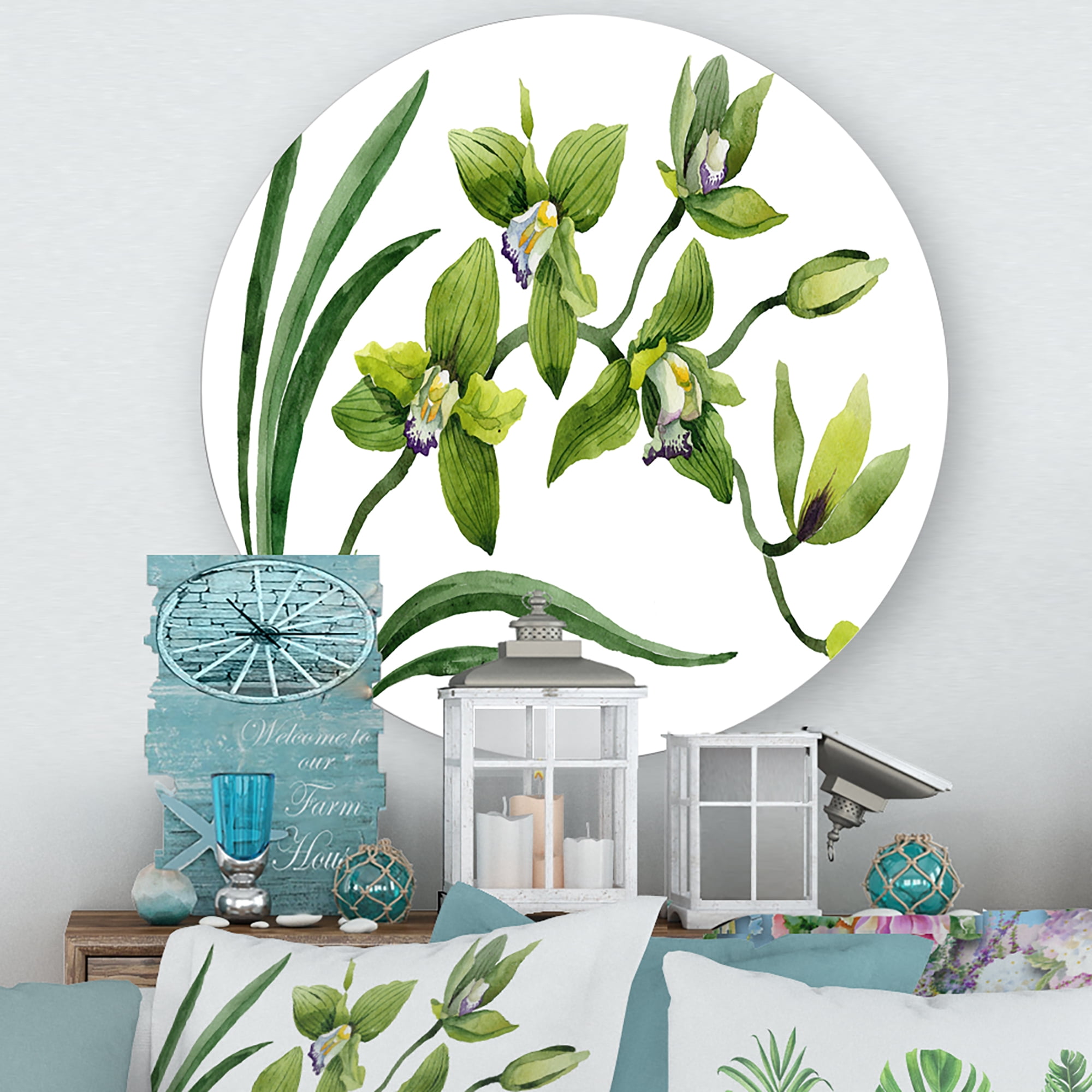 Designart 'Green Orchid Flowers On White' Traditional Circle Metal Wall Art 11x11 - Disc of 11