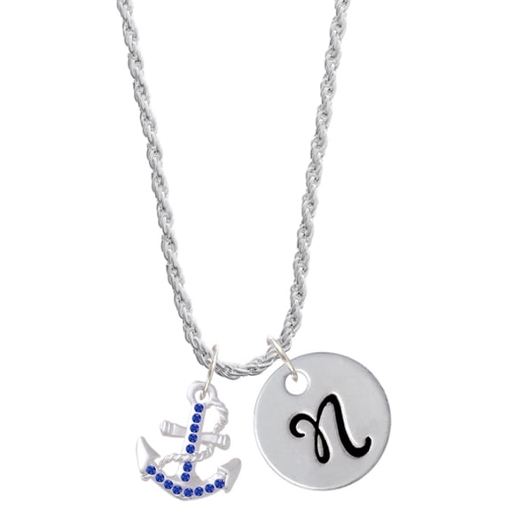 Delight Jewelry Silvertone Blue Crystal Anchor Silvertone Script Initial Disc - N - Charm Necklace, 20"+3"