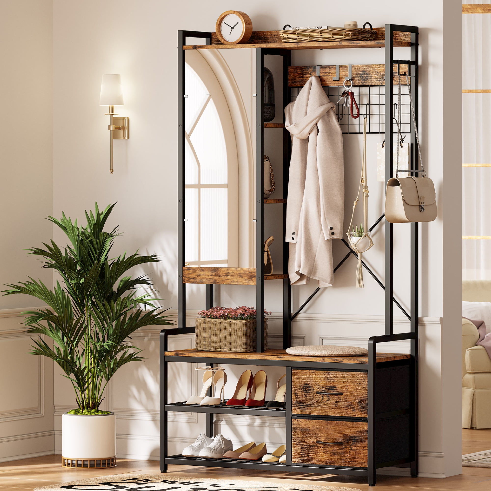Coat Rack with Mirror Cabinet Industrial Entryway Bench with 9 Hooks and Fabric Drawer Grey Walmart