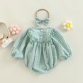 thumbnail image 2 of Staki Smocked Baby Girl Clothes Newborn Girl Bubble Romper Long Sleeve Jumpsuit And Headband Outfit Cute Infant Clothing 0-18M,12-18 Months, 2 of 9