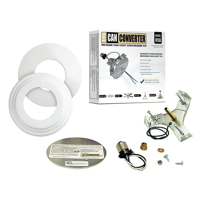 The Can Converter R56 Complete Recessed Can Light Conversion Kit, Includes 7�� Beveled & Flat, Steel Medallions, with 50Lb Light Fixture Load Rating, and 35Lb for Ceiling Fans (White)