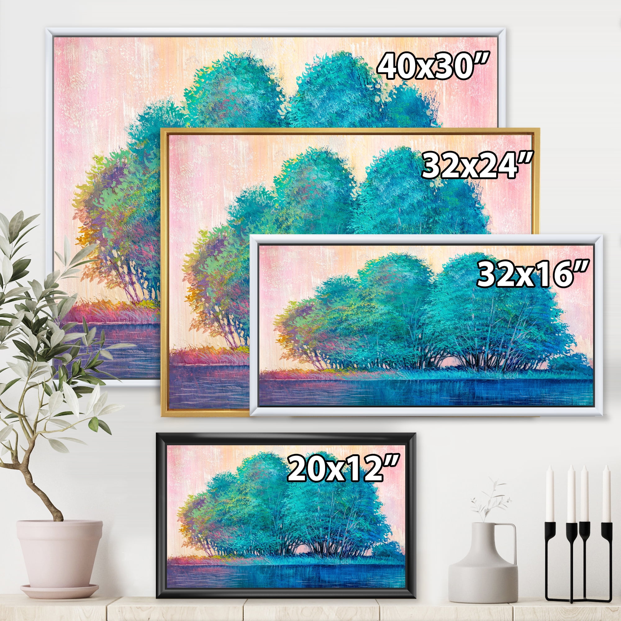 Designart 'Blue Coloured Tree Impression By Lakeside' Lake House Framed Canvas Wall Art Print