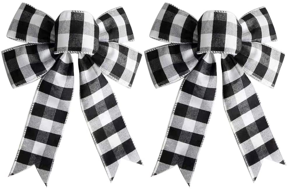 Autumn Fall Pumpkin- Black White Buffalo Plaid Burlap Large Add On Bow for Wreaths or Signs Fluffy Bow for Gift or Present 