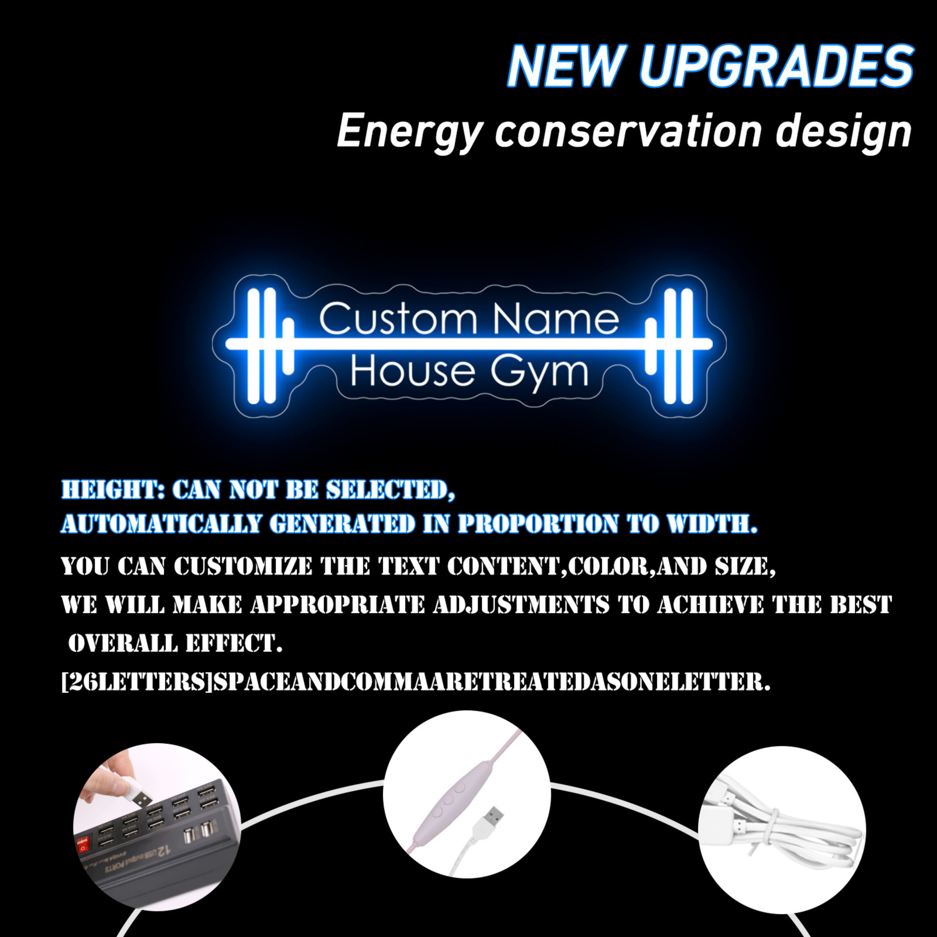 UPONRAY Two Lines Barbell Custom Neon Signs, Usb Powered with Adjustable Brightness Wall Decor for Gifts, Ice Blue, 14 inch