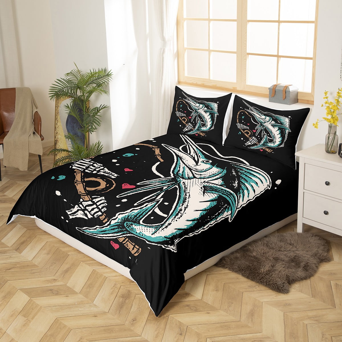 Fish Duvet Cover Picnic Camping Bedding Set for Man Teens Boys Adult,Fishing  Gear Comforter Cover Fishhooks Twin Bed Set,Black and White Fishing Pole  Fish Hook and Line Angling Room Decor 