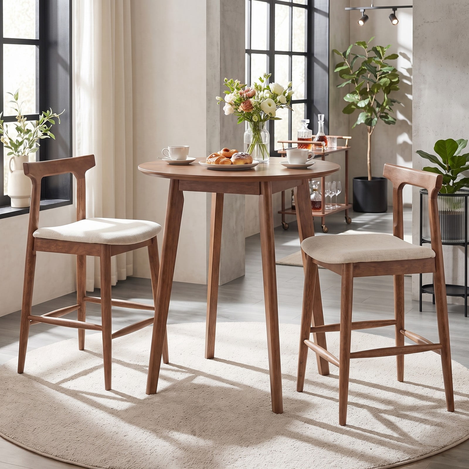 Furnibear Counter Height Bar Stools Set of 2, 24 Inch Solid Rubber Wood Kitchen Island Chairs with Curved Backrest, Upholstered Padded Seat and Built-in, Walnut