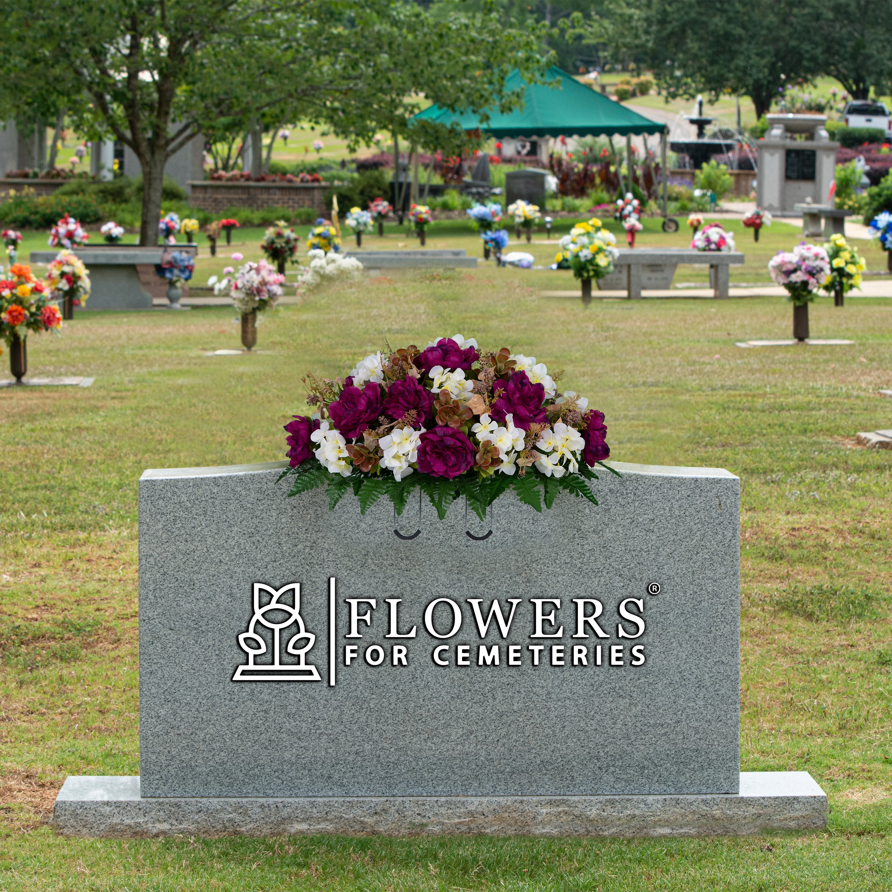 Sympathy Silks Artificial Cemetery Flowers Plum Peony and White Hydrangea Saddle for Headstone
