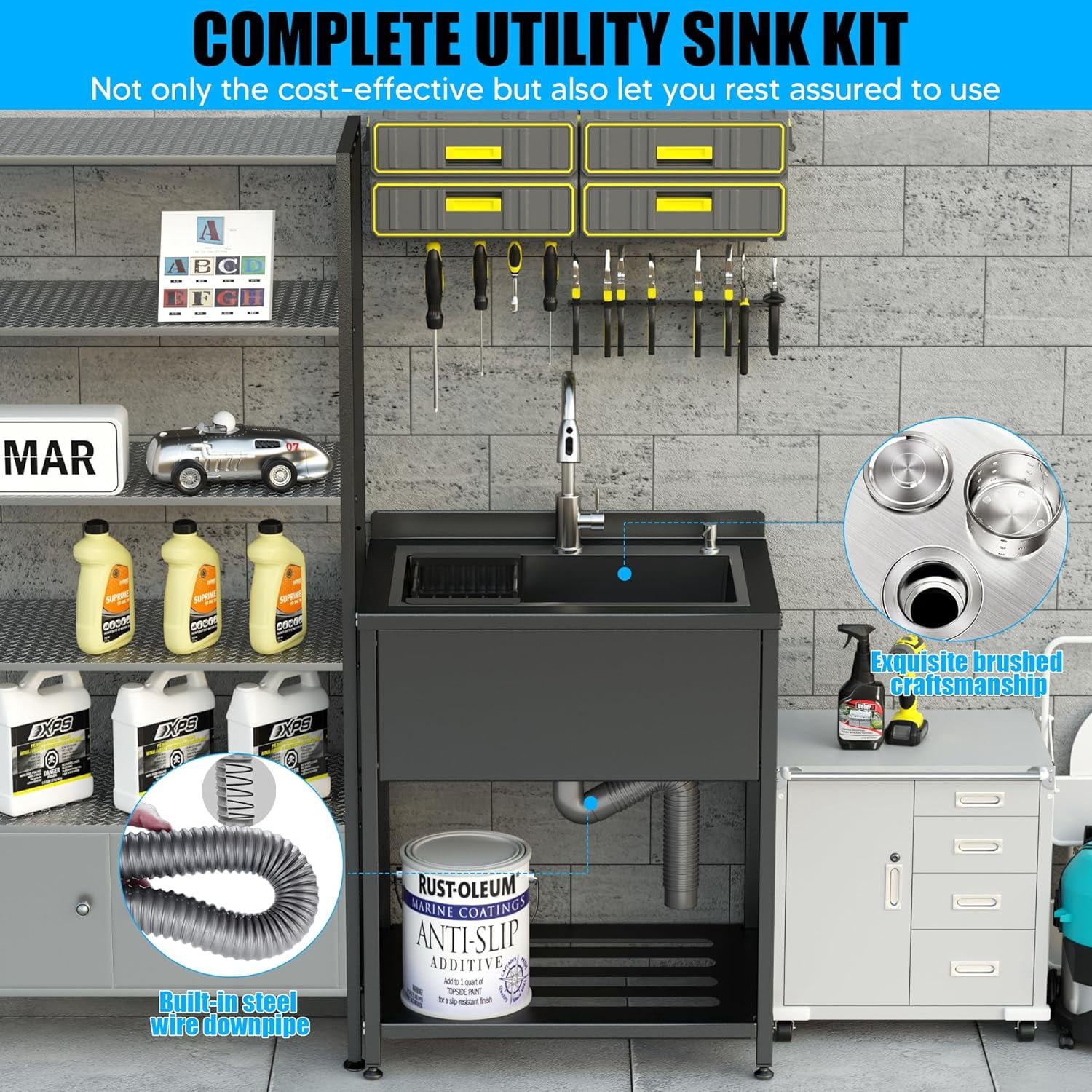 Stainless Steel Utility Sink, 30.8" × 22" × 39.5"Freestanding Sink with Cold and Hot Water Faucet,Hoses and Drain Kit for Kitchens, Bathrooms, Garage, Laundry Room