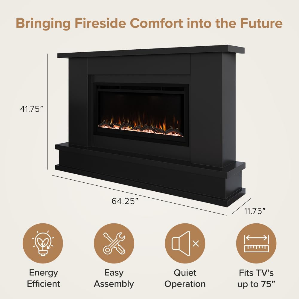 Modern Ember Patton 64" Black Mantel Electric Fireplace Package, 42" Firebox, 5 Flame Colors, 10 Ember Bed Colors, Log & Crystal Kits, Alexa/Wi-Fi Enabled