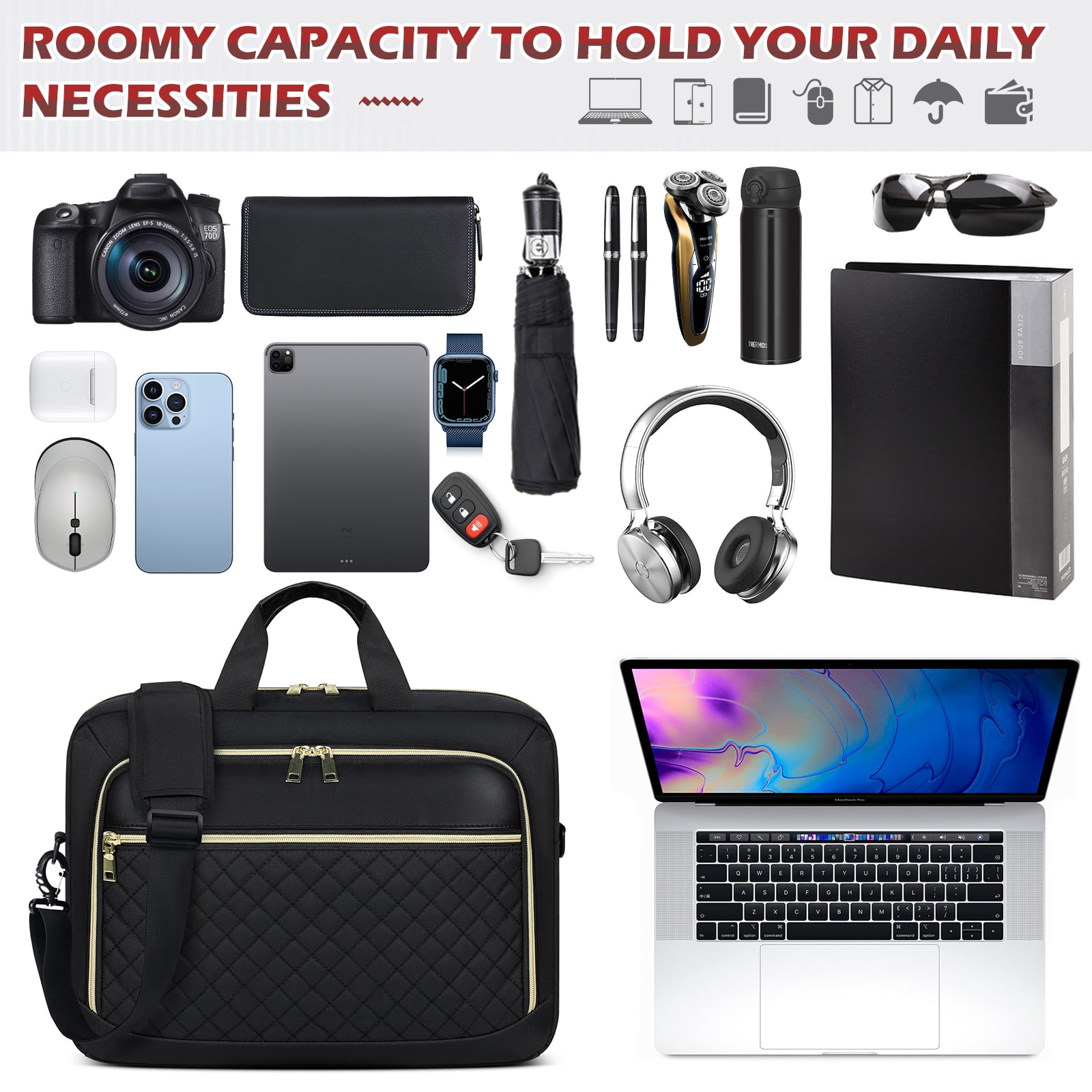 RAINSMORE Laptop Bag 17.3 Inch Laptop Briefcase for Women Men Waterproof Shoulder Messenger Bag Large Computer Bag for Business Office Work College,Black
