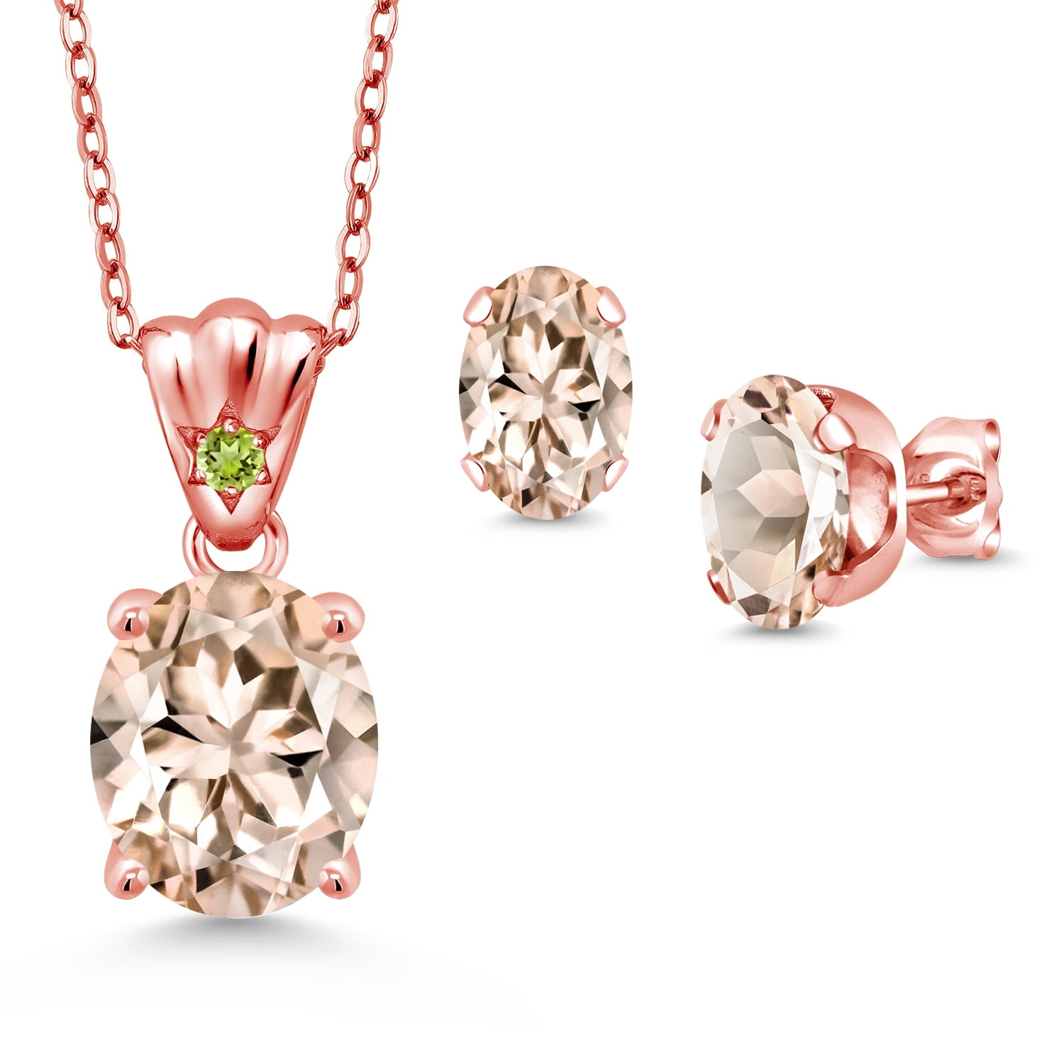 18K Rose Gold Plated Silver Peach Morganite and Green Peridot Pendant and Earrings Jewelry Set for Women (5.25 Cttw, Gemstone Birthstone, Oval 11X9MM and 8X6MM with 18 inch Silver Chain)