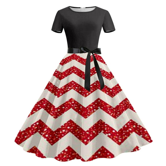 Christmas Dresses for Women 2024 Christmas Short Sleeve Dress Christmas Print Crew Neck Dress Knee-Length Dress