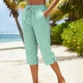 thumbnail image 6 of Gingham Capris for Women Petite Linen Cropped Pant Lightweight Dressy Casual Wide Leg Elastic Waist Summer Pull on Ladies Palazzo Capri Trouser with Pockets Green XL, 6 of 6