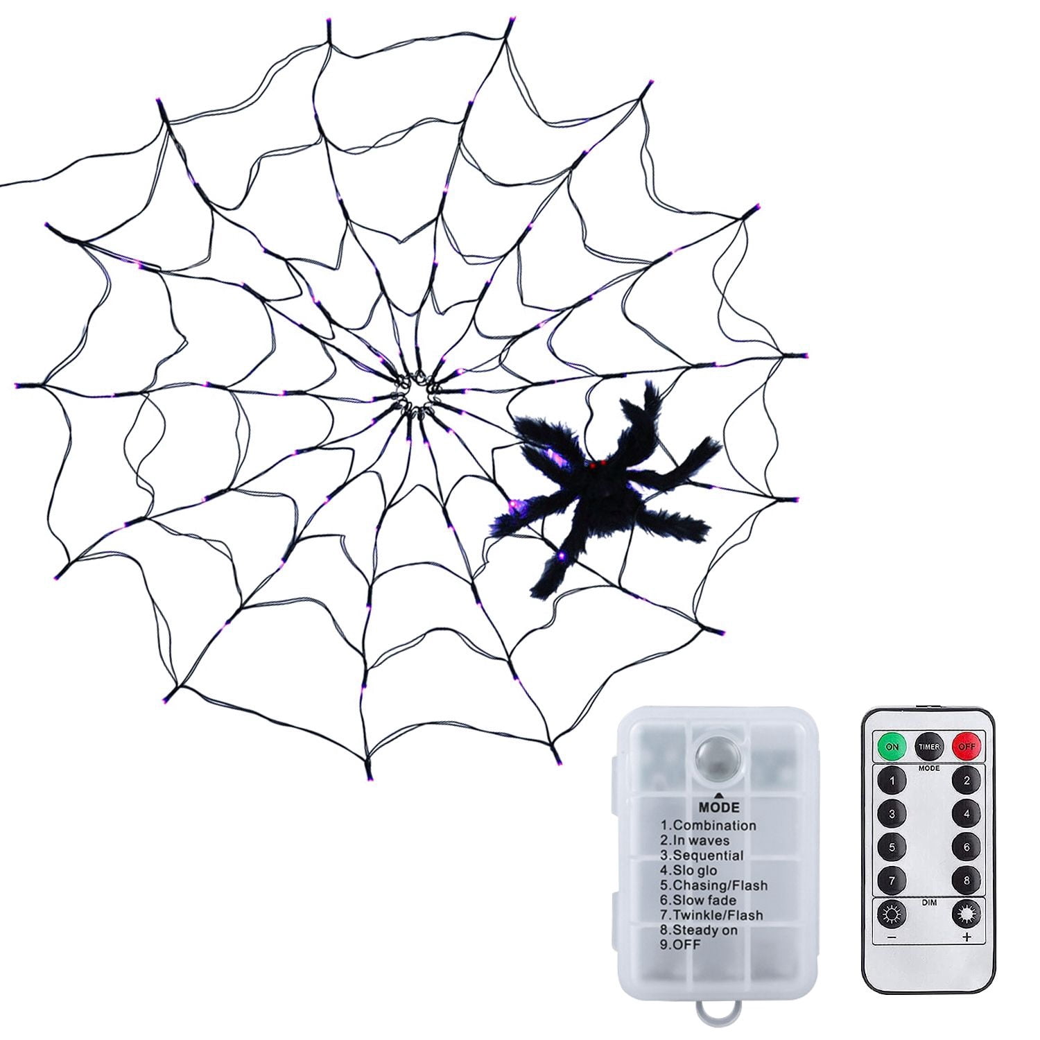 Halloween Spider Web Light, 3.28ft Diameter, 70 LEDs, 8 Modes, 10 Brightness Levels, Battery Powered, IP44 Waterproof with Remote & Timer