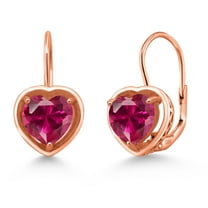 Gem Stone King 18K Rose Gold Plated Silver Red Created Ruby Dangle Leverback Earrings for Women (2.80 Cttw, Heart Shape 7MM)