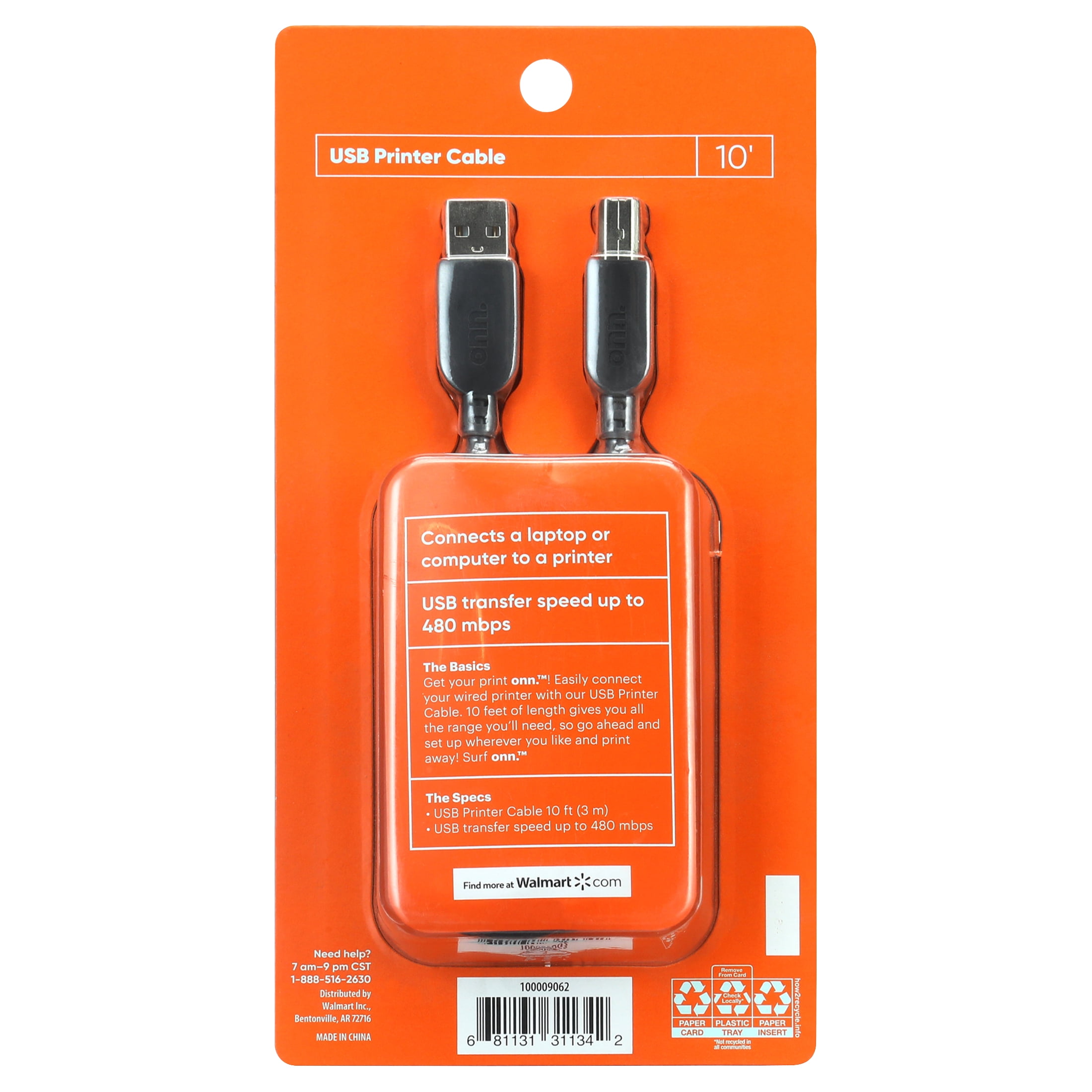 Onn. 10` Printer Cable