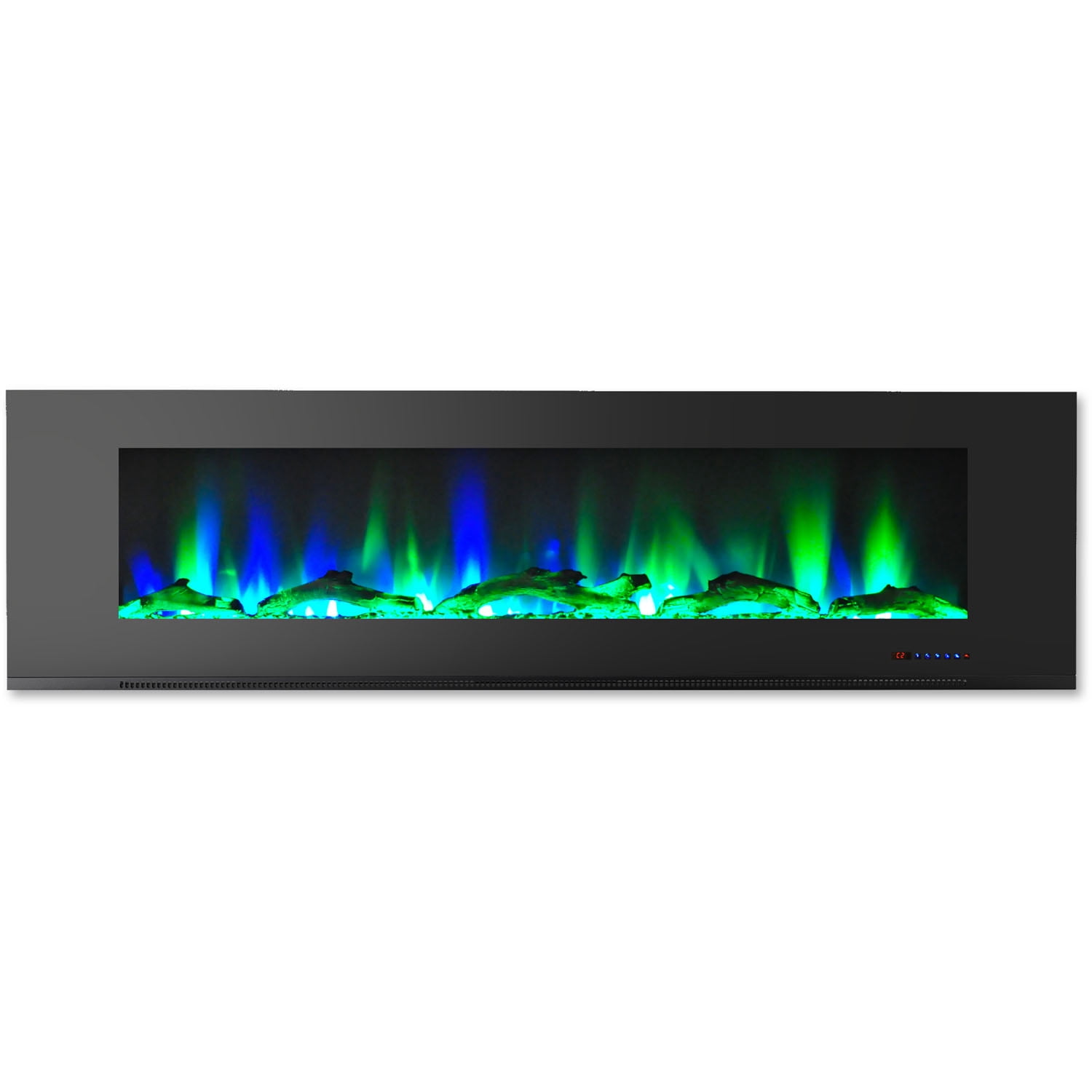 Hanover 72 In. Wall-Mount Electric Fireplace in Black with Multi-Color Flames and Driftwood Log Display