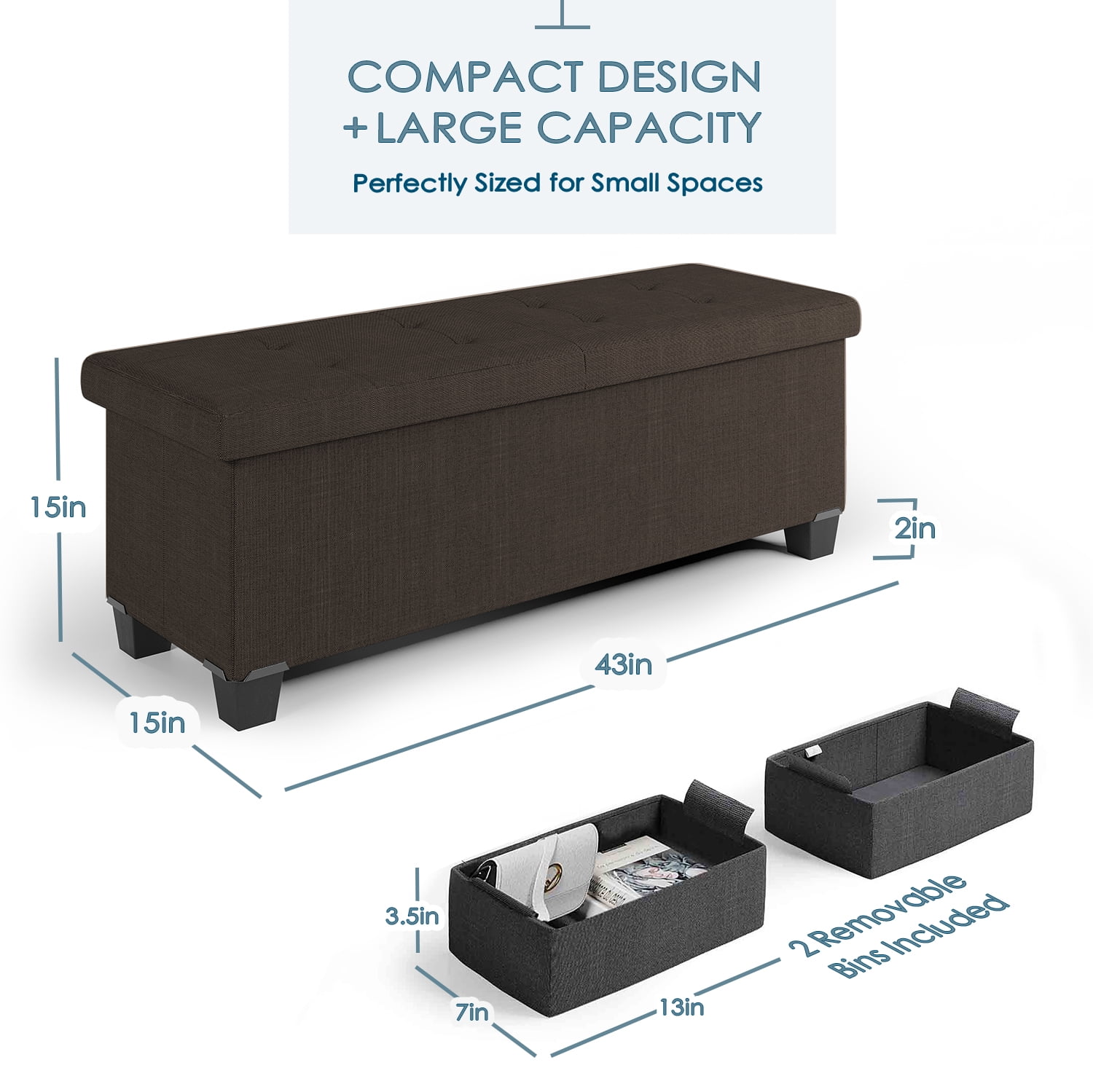 StorageBud Ottoman with Storage Bench, 43-inch Storage Ottoman, Linen, White