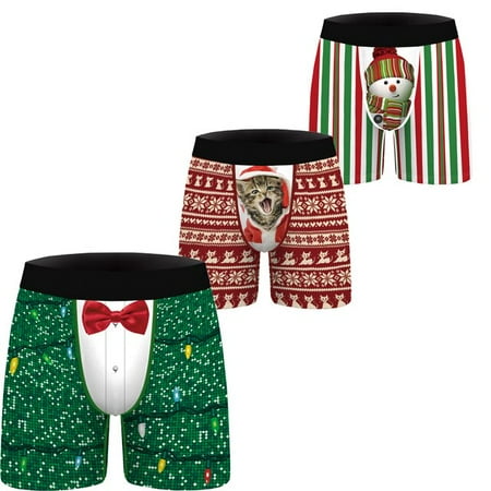

QWZNDZGR2022 European and American New Year Christmas Long Boxershorts Mens Mid-Waist Hip Lifting Polyester Underwear 3Packs Boxers Pack