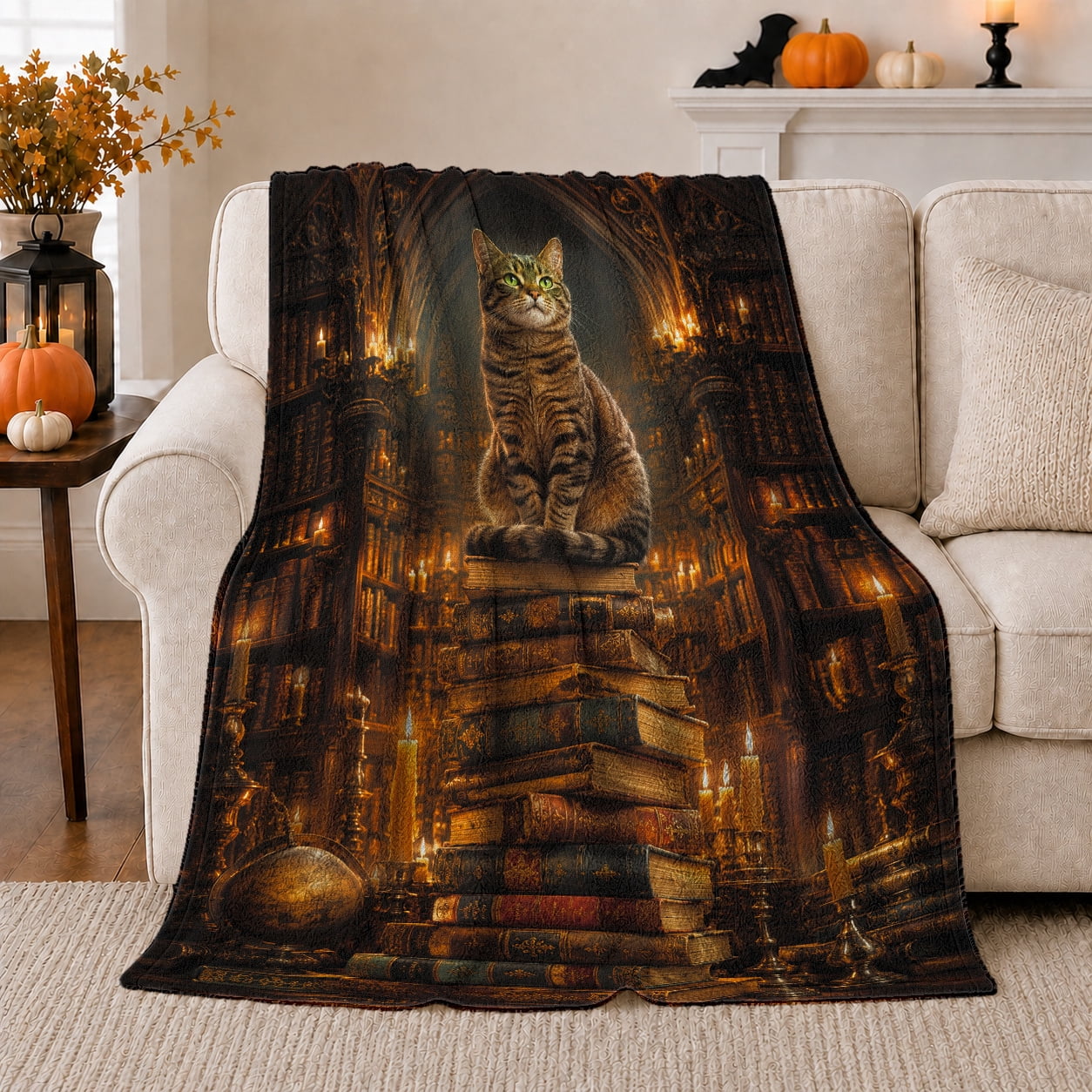 decorative motif Library Cat Books Cat Lover Scholar Dramatic Pet Portrait Pattern Warm Flannel Blanket for Living Room and Reading Nook Cat Lovers Friendship Gift Pet Lover Home Decor