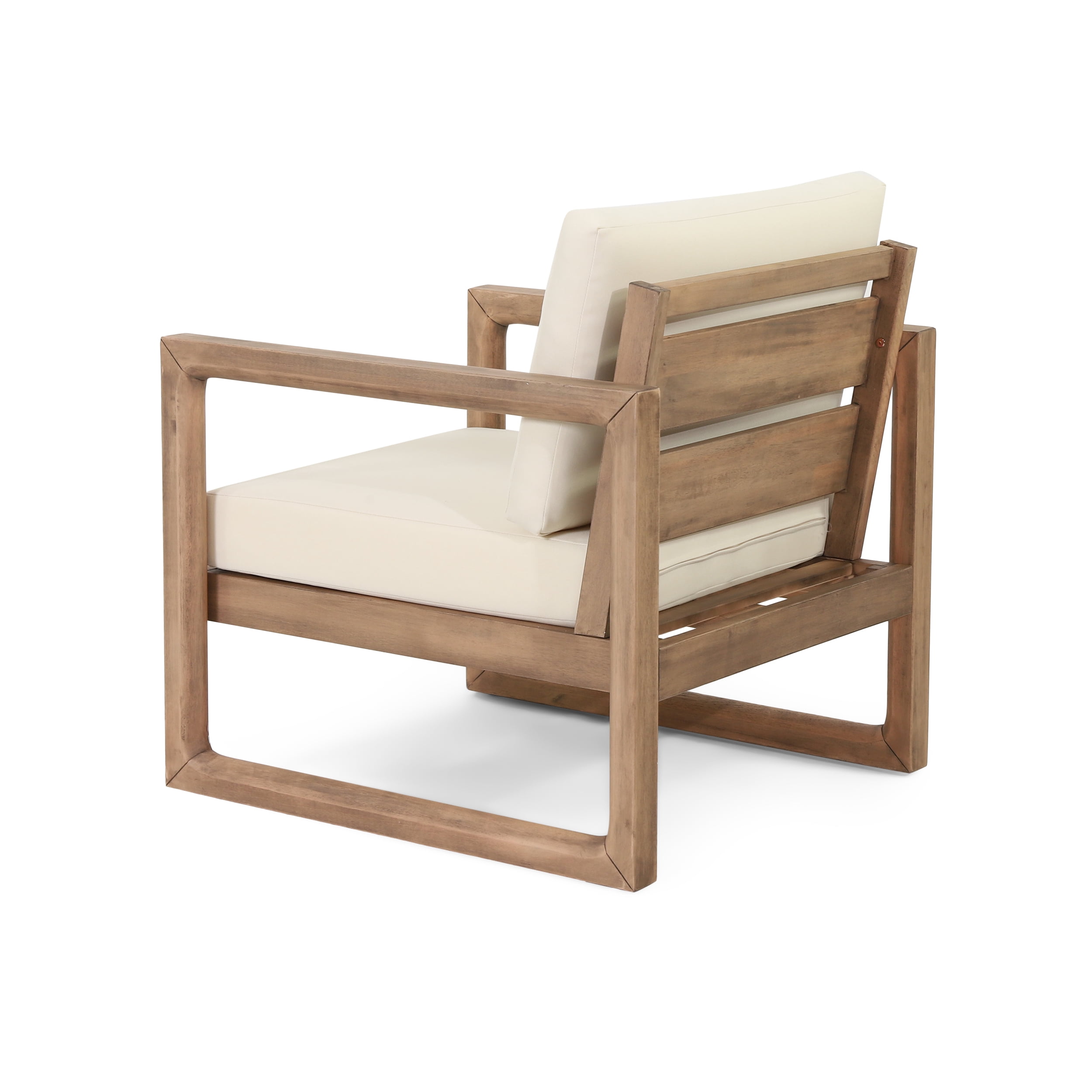 Outdoor Patio Single Seat Chair, Acacia Wood Frame with Thick Waterproof Cushion for Porch Garden, Brown Wash and Beige